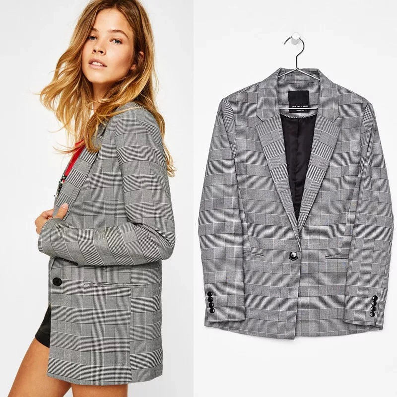 Front Pocket Button Plaid MID Winter Women Blazers Casual Fashion Mujer Outwear