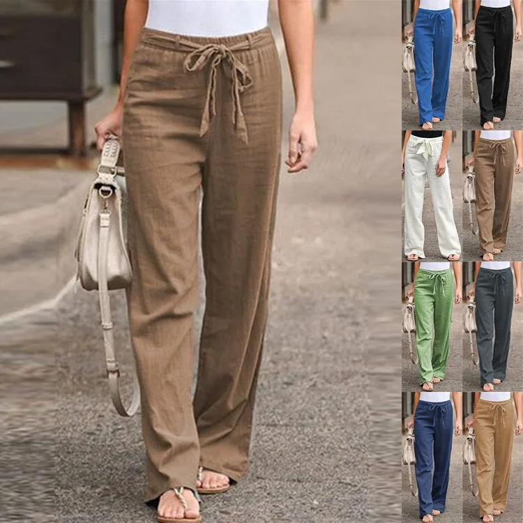 Summer Wide Leg Trousers Straight Cotton Linen Fashion All-Match Blue Casual Pants Women′s Clothing